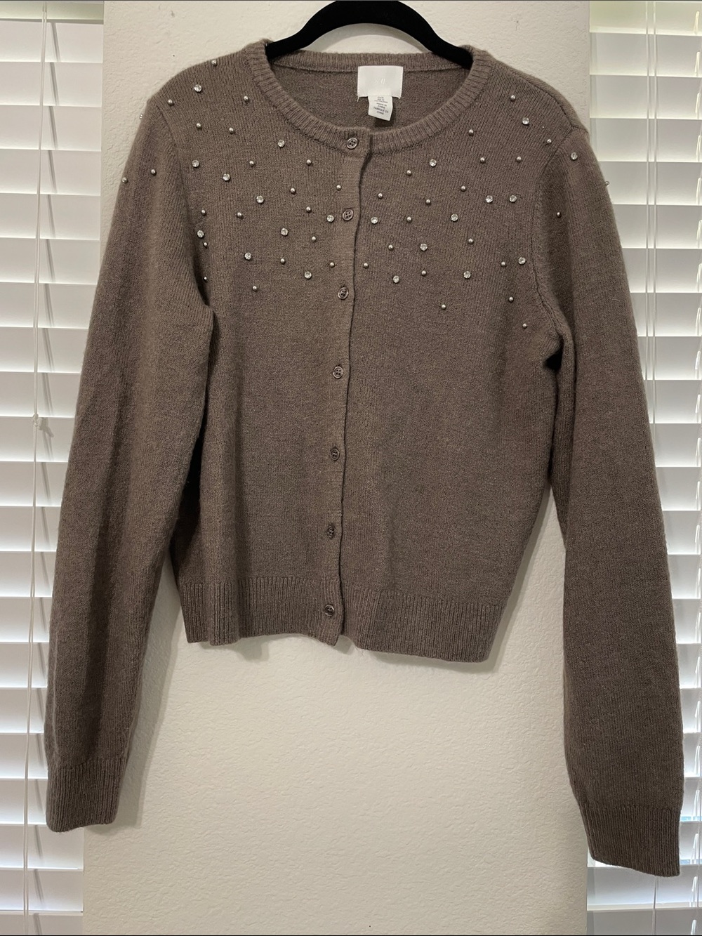 H&M Taupe Button-Up Cardigan with Pearl Embellishments